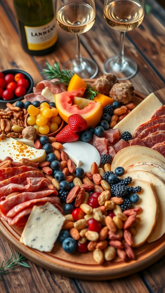 A festive charcuterie board with meats, cheeses, fruits, and nuts for New Year
